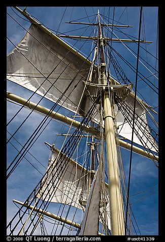 Masts and sails of Charles W Morgan historic ship. Mystic, Connecticut, USA