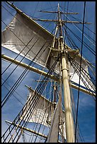 Masts and sails of Charles W Morgan historic ship. Mystic, Connecticut, USA