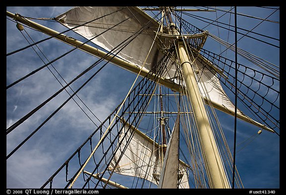 Sails and masts of Charles W Morgan whaleship. Mystic, Connecticut, USA