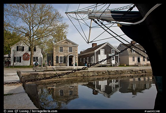 Ship and historic buildings. Mystic, Connecticut, USA