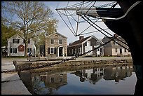 Ship and historic buildings. Mystic, Connecticut, USA