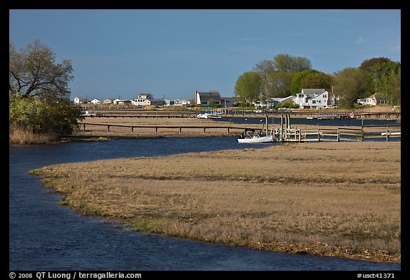 Oyster River, grasses, and houses, Old Saybrook. Connecticut, USA (color)