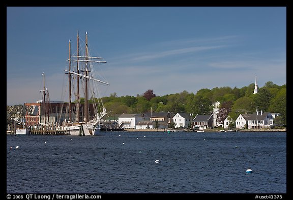 Ship, houses, and church across the Mystic River. Mystic, Connecticut, USA