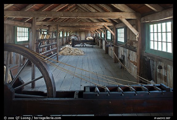 Fibers being spun into yards, Ropewalk. Mystic, Connecticut, USA (color)