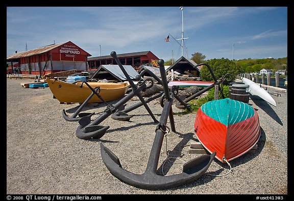 Anchors and small boats. Mystic, Connecticut, USA