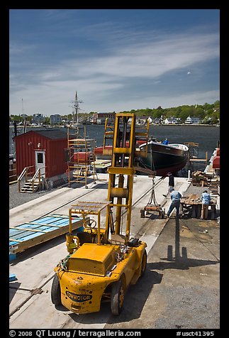 Boat being built at shiplift. Mystic, Connecticut, USA (color)