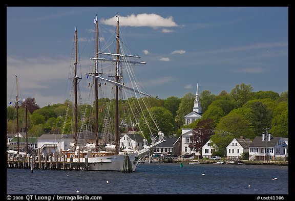 Mystic River, tall ship and village. Mystic, Connecticut, USA