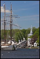 Tall ship and white steepled church. Mystic, Connecticut, USA (color)