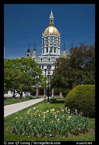 Gardens and Connecticut Capitol. Hartford, Connecticut, USA