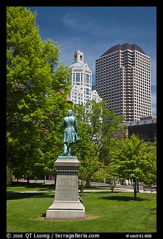 Statue in park and high-rise buildings. Hartford, Connecticut, USA