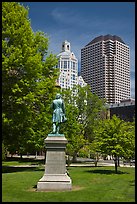 Statue in park and high-rise buildings. Hartford, Connecticut, USA