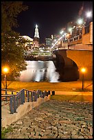 Quay by Connecticut River and nighttime skyline. Hartford, Connecticut, USA (color)