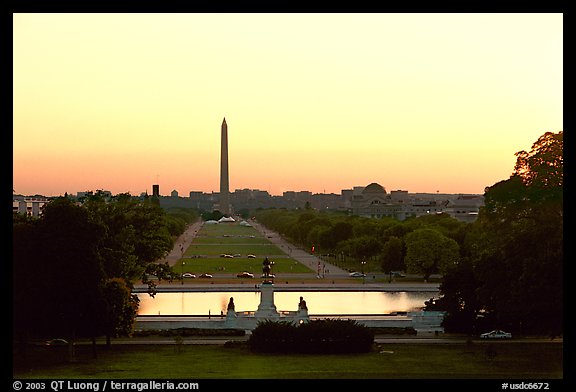 The National Mall and Washington monument seen from the Capitol, sunset. Washington DC, USA