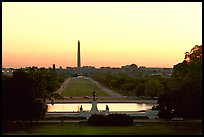 The National Mall and Washington monument seen from the Capitol, sunset. Washington DC, USA