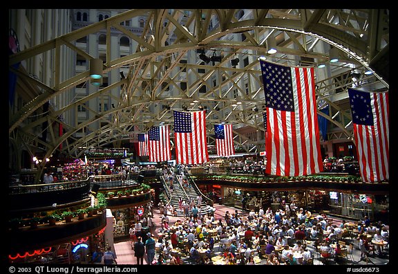 Historic hall with American flags. Washington DC, USA