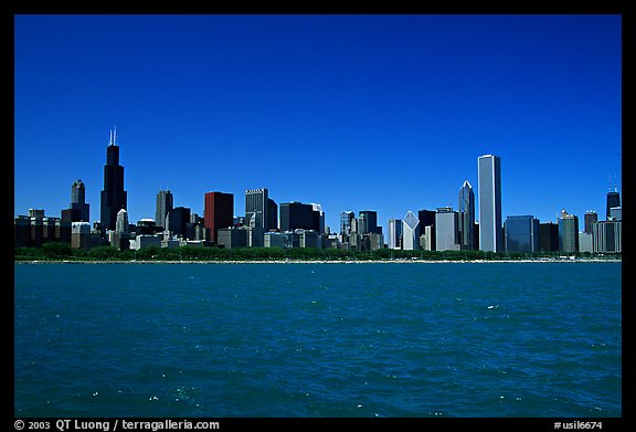 Skyline of the city above Lake Michigan, morning. Chicago, Illinois, USA (color)