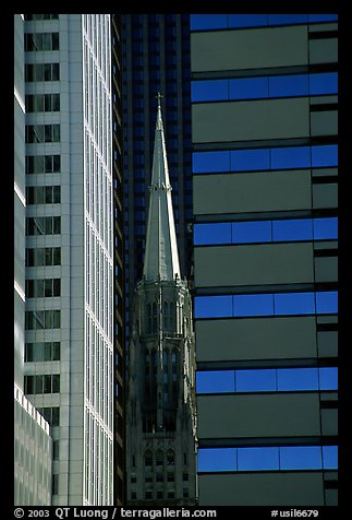 Church spire and modern buildings. Chicago, Illinois, USA (color)