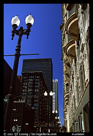 Lamp and buildings. Chicago, Illinois, USA (color)