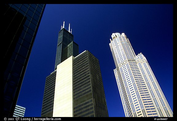 Sears tower and other skyscrappers towering in the sky. Chicago, Illinois, USA (color)