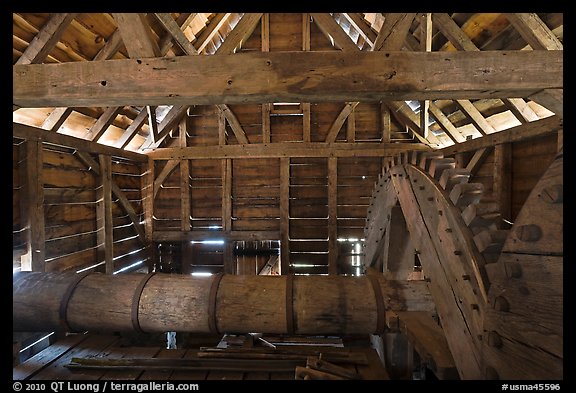 Waterwheel shaft inside forge, Saugus Iron Works National Historic Site. Massachussets, USA (color)