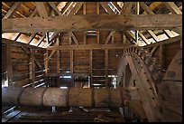 Waterwheel shaft inside forge, Saugus Iron Works National Historic Site. Massachussets, USA (color)