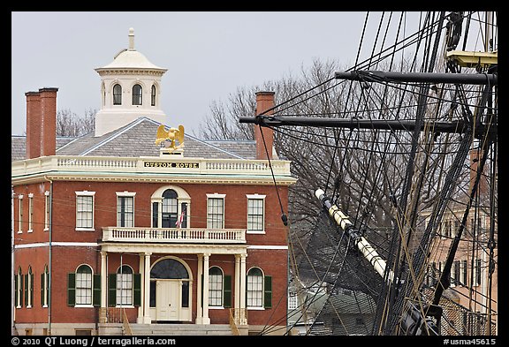 Ship rigging and Custom House, Salem Maritime National Historic Site. Salem, Massachussets, USA (color)