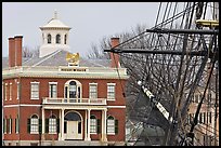 Ship rigging and Custom House, Salem Maritime National Historic Site. Salem, Massachussets, USA