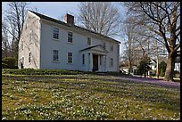 Historic house with early blooms in front yard, Sandwich. Cape Cod, Massachussets, USA