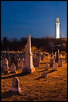 Cemetery and Pilgrim Monument by night, Provincetown. Cape Cod, Massachussets, USA