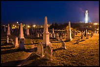 Cemetery and Pilgrim Monument at night, Provincetown. Cape Cod, Massachussets, USA