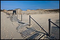 Fallen sand fence and footprints, Cape Cod National Seashore. Cape Cod, Massachussets, USA