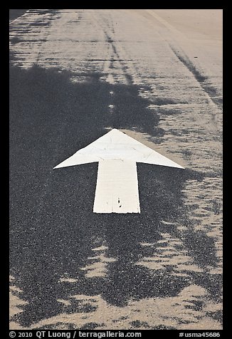 Painted arrow, asphalt, and sand, Cape Cod National Seashore. Cape Cod, Massachussets, USA