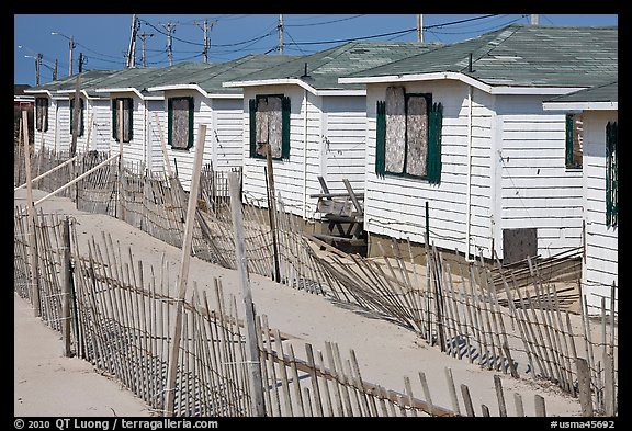 Row of boarded up cottages, Truro. Cape Cod, Massachussets, USA (color)