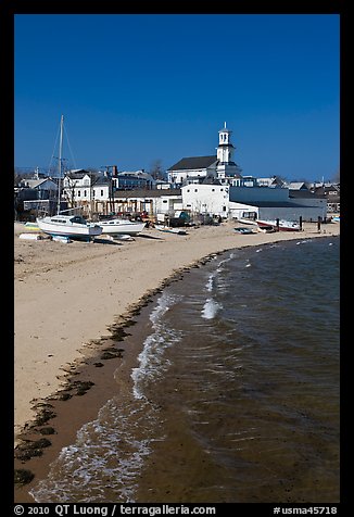 Beach, boats, and church building, Provincetown. Cape Cod, Massachussets, USA (color)