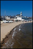 Beach, boats, and church building, Provincetown. Cape Cod, Massachussets, USA