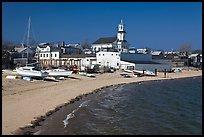 Yachts on beach and church, Provincetown. Cape Cod, Massachussets, USA