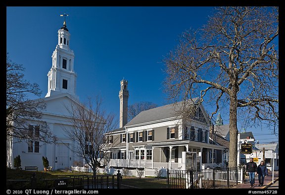 Church, Pilgrim Monument, and houses, Provincetown. Cape Cod, Massachussets, USA