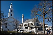 Church, Pilgrim Monument, and houses, Provincetown. Cape Cod, Massachussets, USA