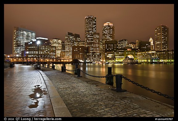 Wharf and skyline by night. Boston, Massachussets, USA