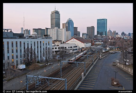 Railway, Northeastern University, and skyline at dusk. Boston, Massachussets, USA