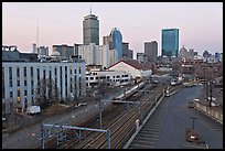 Railway, Northeastern University, and skyline at dusk. Boston, Massachussets, USA (color)