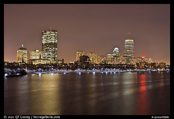 Charles River and Back Bay skyline by night. Boston, Massachussets, USA (color)