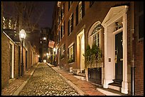 Cobblestone narrow street by night, Beacon Hill. Boston, Massachussets, USA (color)