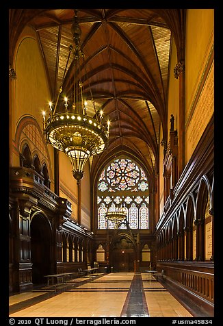 Gothic vault above marble floor and black walnut paneling, Memorial Hall, Harvard University, Cambridge. Boston, Massachussets, USA (color)