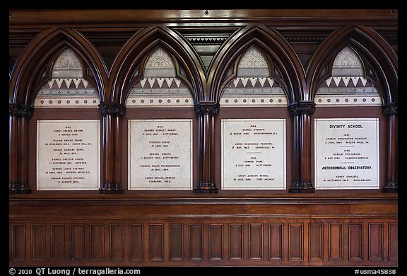 White marble tablets commemorating Civil War casualties, Memorial Hall, Harvard University, Cambridge. Boston, Massachussets, USA