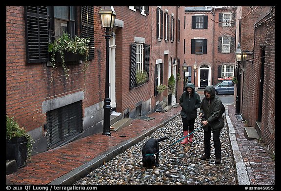 Women walking dog on rainy day, Beacon Hill. Boston, Massachussets, USA (color)