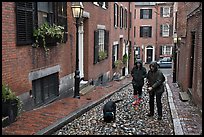 Women walking dog on rainy day, Beacon Hill. Boston, Massachussets, USA