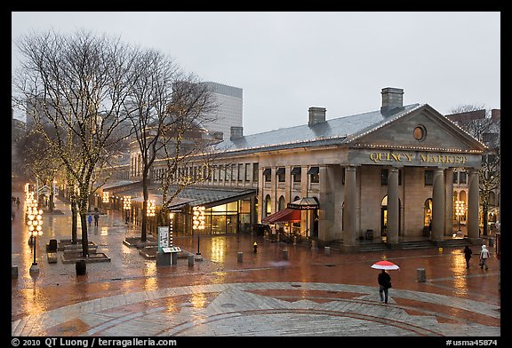 Faneuil Hall Marketplace on rainy day. Boston, Massachussets, USA