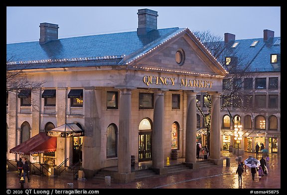 Quincy Market entrance at dusk. Boston, Massachussets, USA