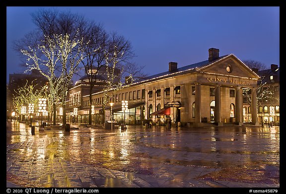 Lights and reflections at night, Quincy Market. Boston, Massachussets, USA (color)